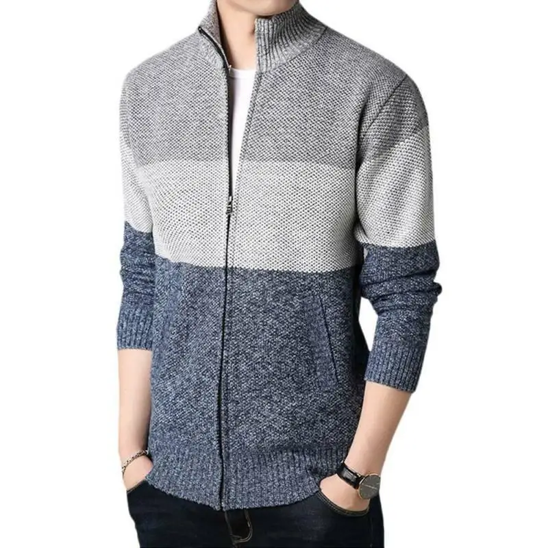 

Men Colorblock Striped Knitted Sweater Cardigan Winter Warm Zip Up Jumper Coats