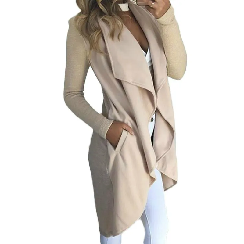 Осенние модные женские куртки пальто длинный кардиган асимметричные с отложным