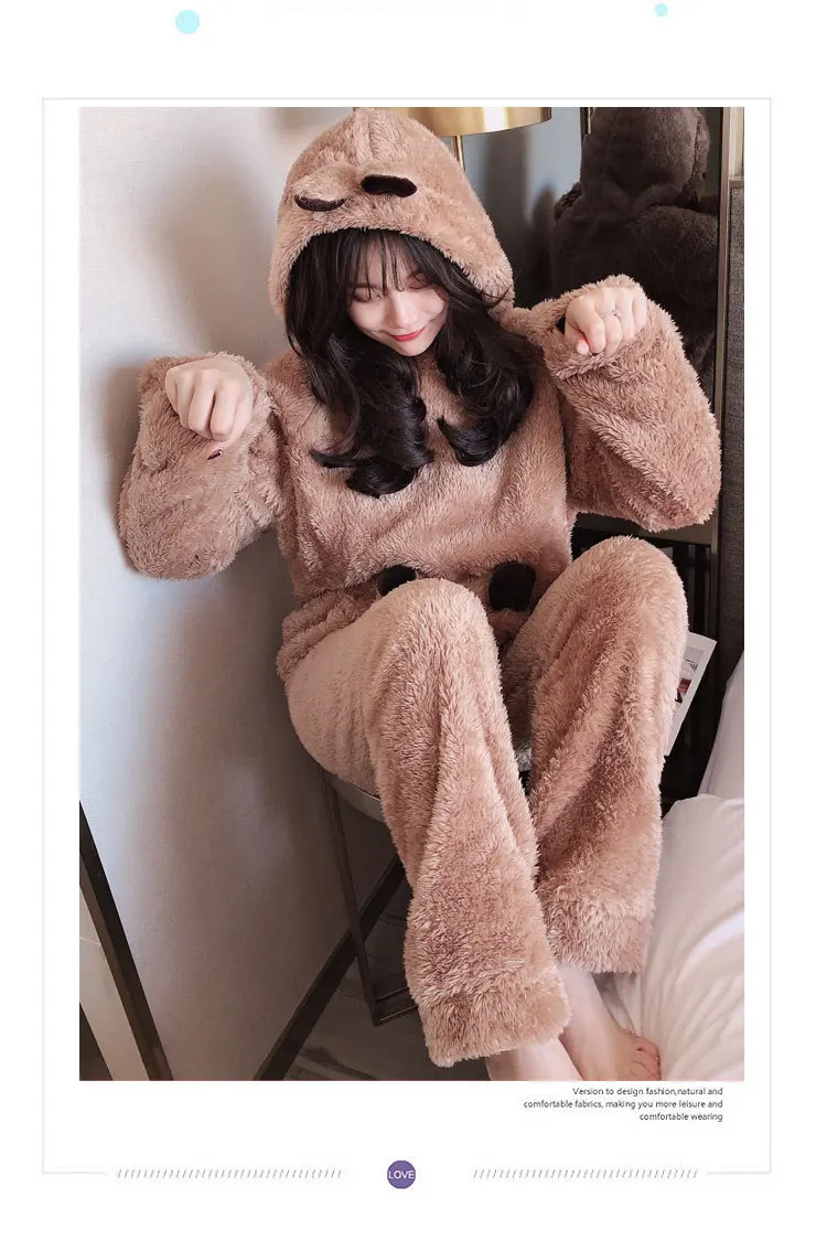 Женская теплая фланелевая бархатная Пижама милый комплект домашней одежды для