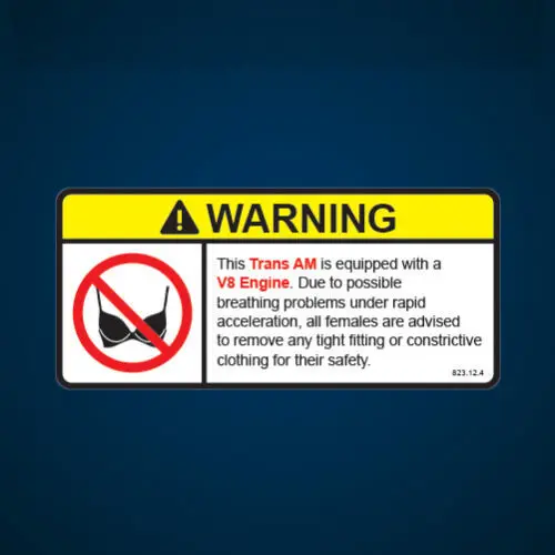 

Funny Car Stickers Trans AM V8 Engine Warning No Bra Self Adhesive Sticker DecalMotorcycle Decals