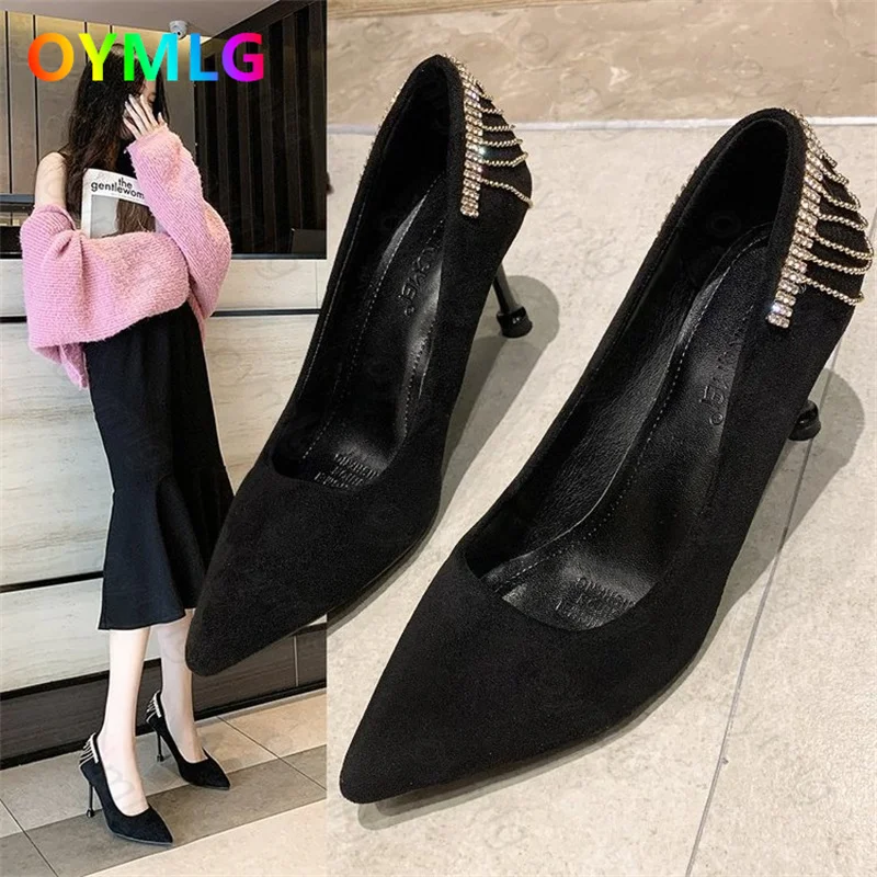 

Fringed rhinestone single shoes women spring 2021 new shoes pointed shallow mouth women's shoes stiletto dress high heels black