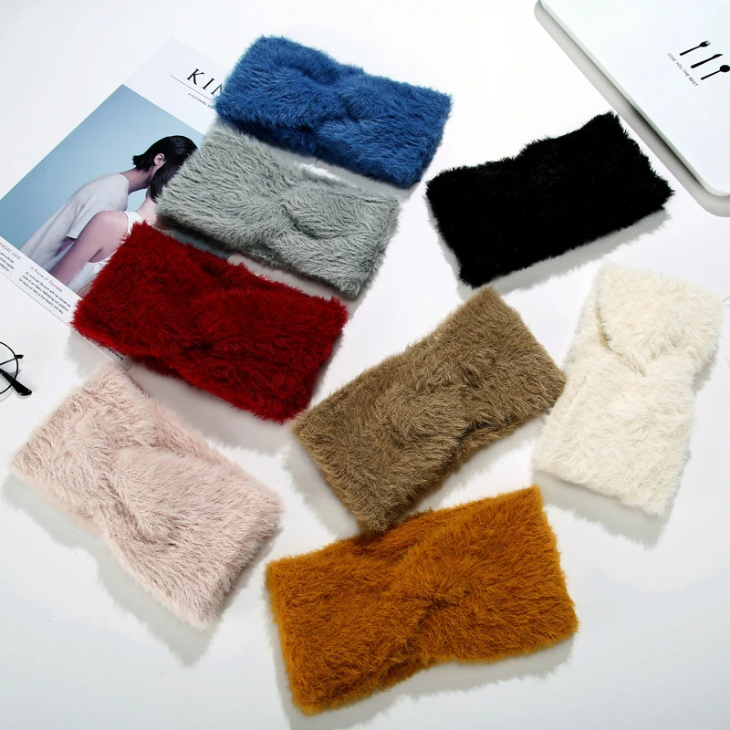 

1Pc Women Headbands Fashion Solid Cross Tie Imitated Mink Head Bands For Women Girls Autumn Winter Fur Wide Hair Accessories