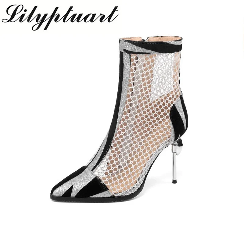 

European and American open-toed sandals women's 2021 summer new fine-heeled mesh hole Roman high-heeled cool boots heels women