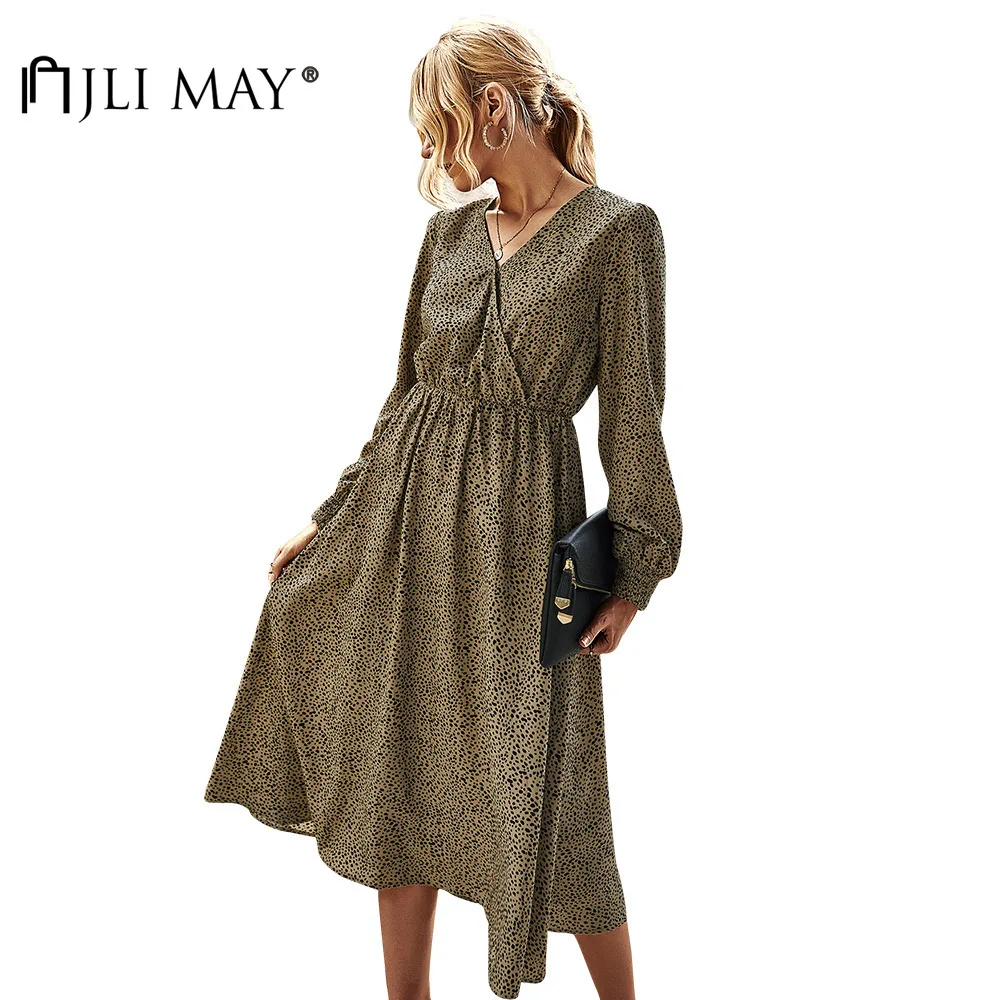 

JLI MAY Women Print Dresses Autumn V-Neck Long Sleeve Empire A-Line Drape Slim Elegant Midi Dress