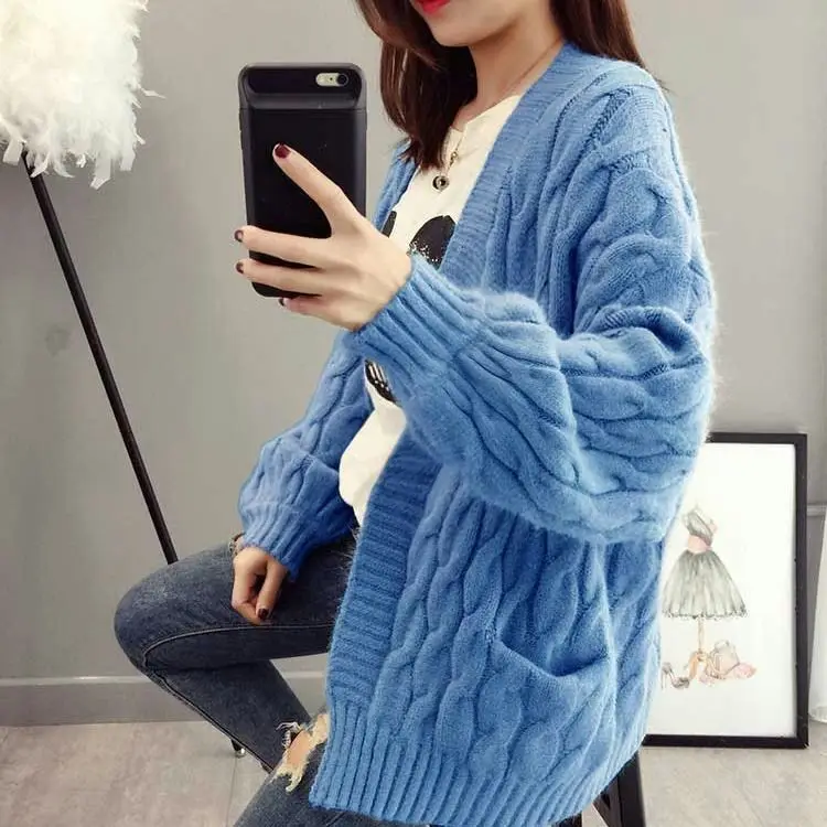 

Thick Cardigan for Women Kintted Winter Sweater Mujer Long Sleeve Sweaters 2020 Solid Pocket Blue White Orange Beige Free Size