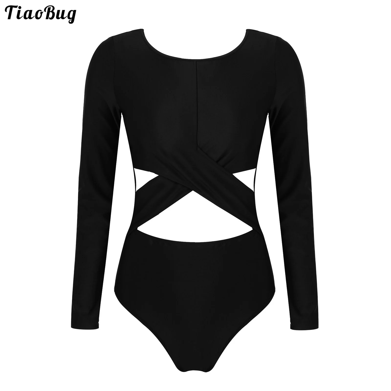 

TiaoBug Женский взрослый комбинезон с длинными рукавами и круглым вырезом крест-накрест вырезать эластичный комбинезон, для выступлений на сц...