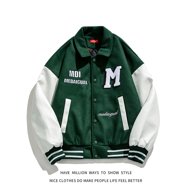 

Embroid Winter Woolen+Leather Sleeve Loose Baseball Jacket Women's Coat Men's Bomber Couple Boyfriend Style Varsity Streetwear