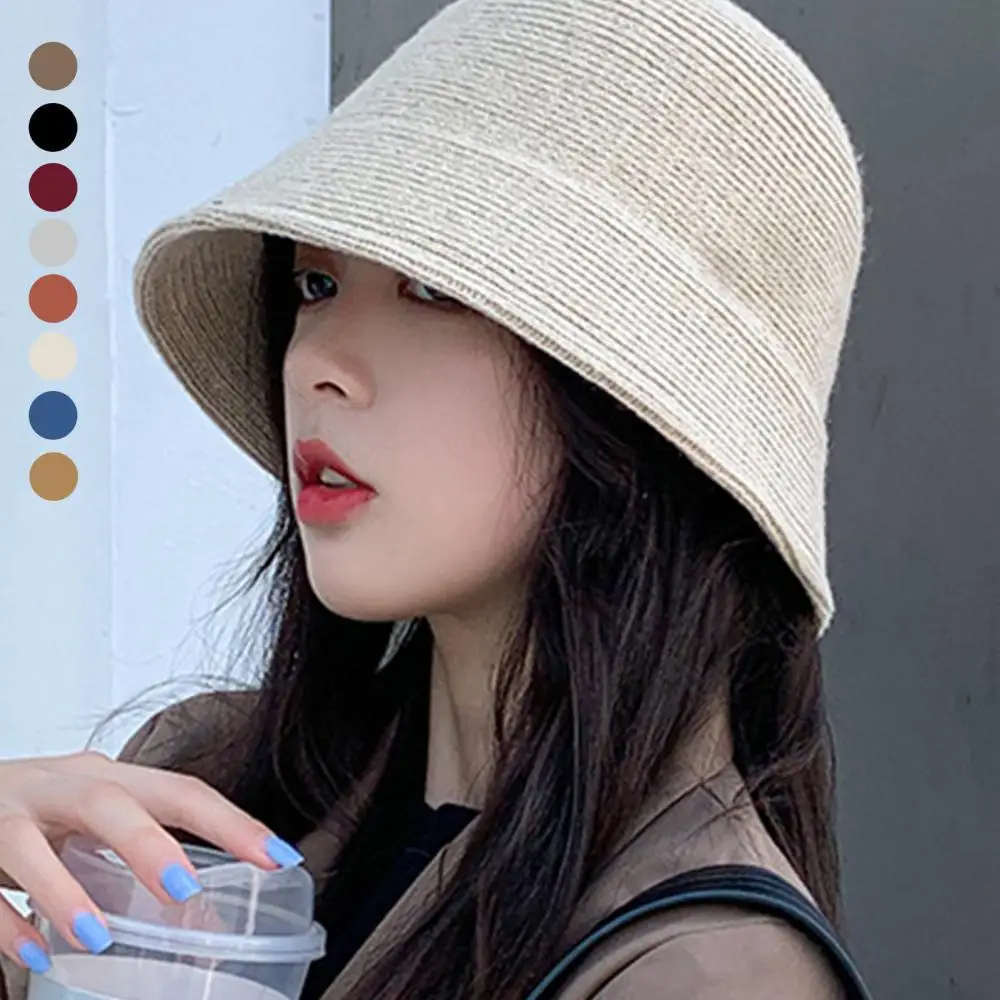 

Wool Bucket Hat Women Solid Color Wool Bucket Hat Drawstring Fisherman Vintage Knitted Fisherman Vintage Knitting Basin Cap