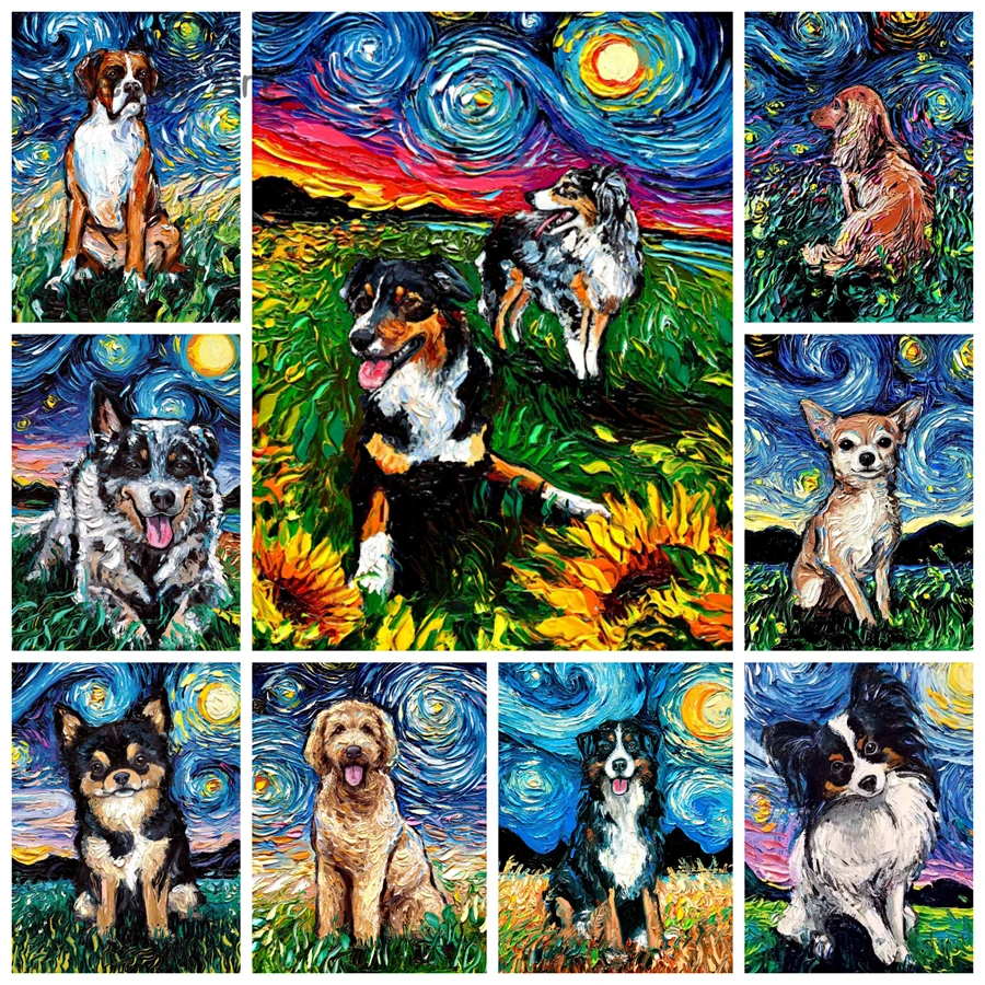 

Puppy Dog and Van Gogh's Starry Sky Series 5D DIY Diamond Painting Full Drills Embroidery Mosaic Art Decoration for Home