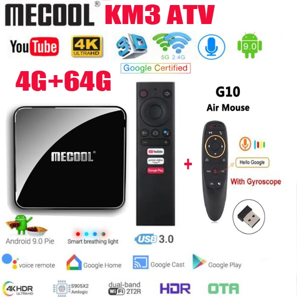 ТВ-приставка MECOOL KM3 A 4 + 64 ГБ Amlogic S905X2 4K 9 0 ГГц bluetooth 2 | Электроника