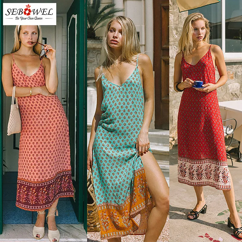 

ADEWEL Women Sexy Spaghtti Strape Boho Split Dress For Summer Beach Dress 2021 New Floral Printed Loose Casual Sleeveless Dress