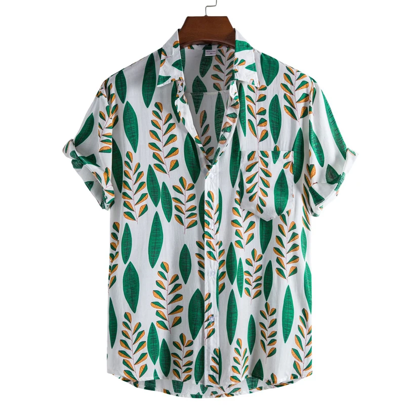 

Leaf Print Shirts Men Short Sleeve Casual Mens Aloha Shirt Beach Holiday Hawaiian Camisas Summer Oversized Chemise Homme