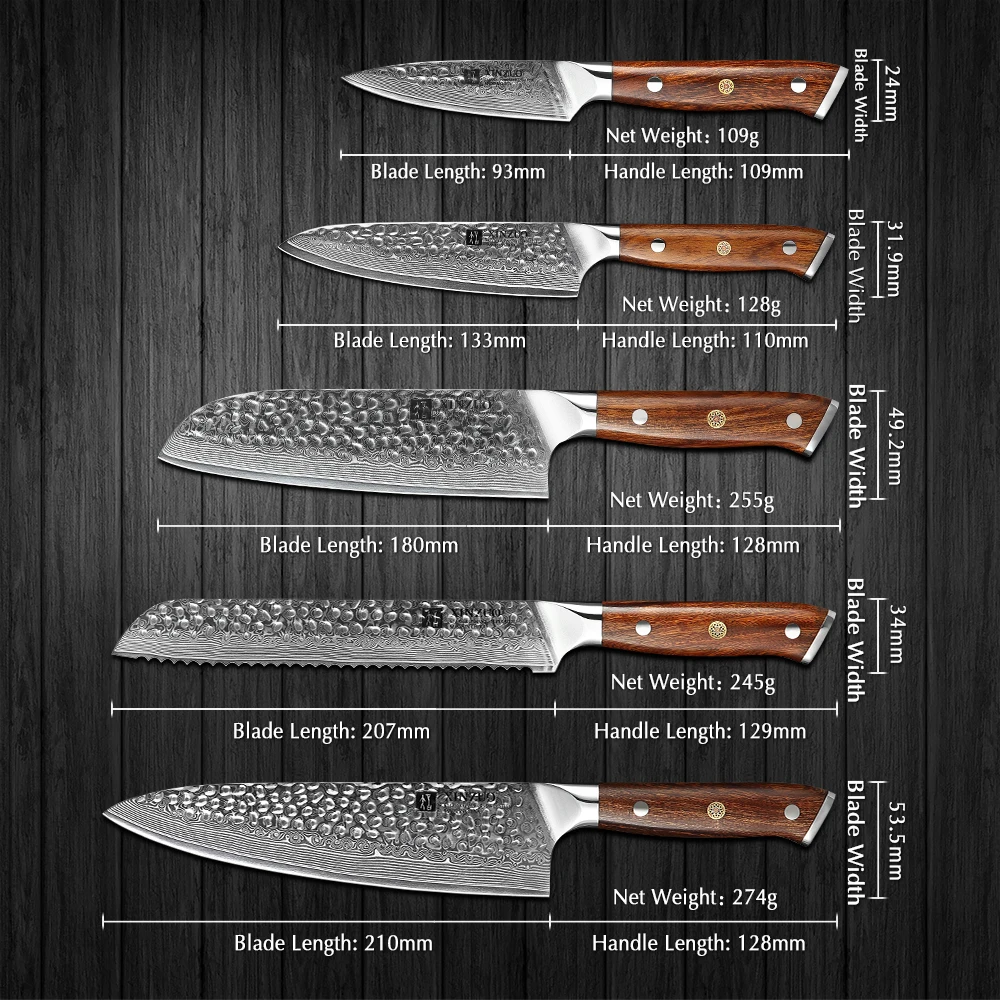 XINZUO-Juego de cuchillos Santoku de acero damasco, utensilios de cocina para Chef, con mango de madera de hierro del desierto de Am&eacute;rica del Norte, 5 unidades-2