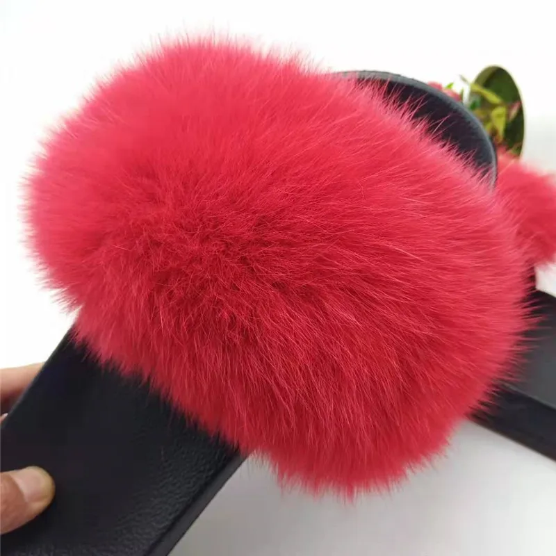 Fur Slippers Women Fox Home Fluffy Sliders Comfort With Feathers Furry Summer Flats Sweet Ladies Shoes Size 45 Home Real fox fur - Цвет: Red