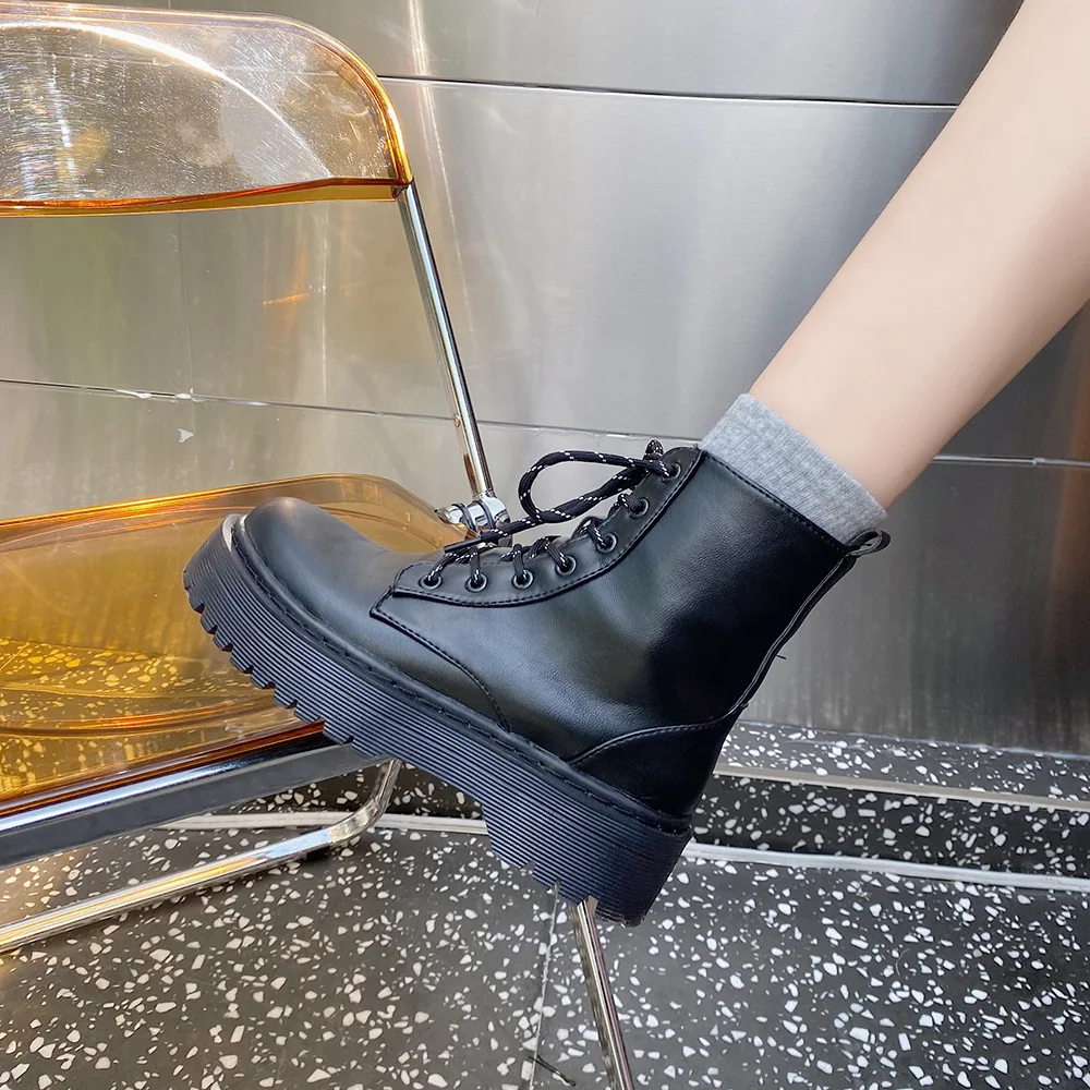 

Fashion Martin Boots Women's Shoes Thick-soled 2021 Autumn New Retro All-match Lace-up Boots Ladies Pu Shoes