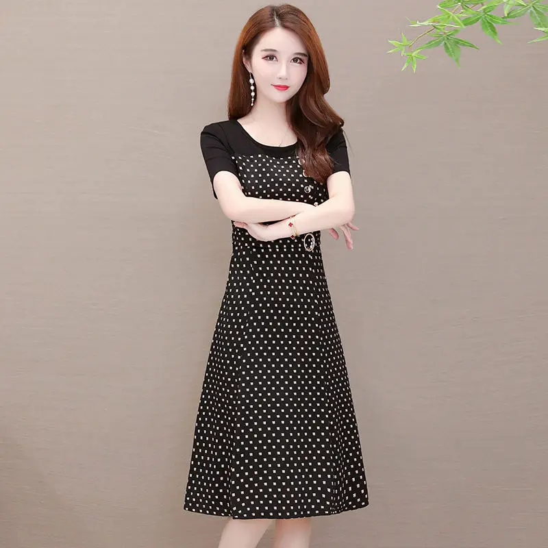 

Women's Spring Summer Style Dress Women's Button Short Sleeve Dot Fake Two Pieces Korean Temperament Dress SS1879