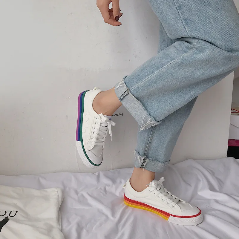 2020 новые радужные холщовые кроссовки женская обувь модные белые повседневная на