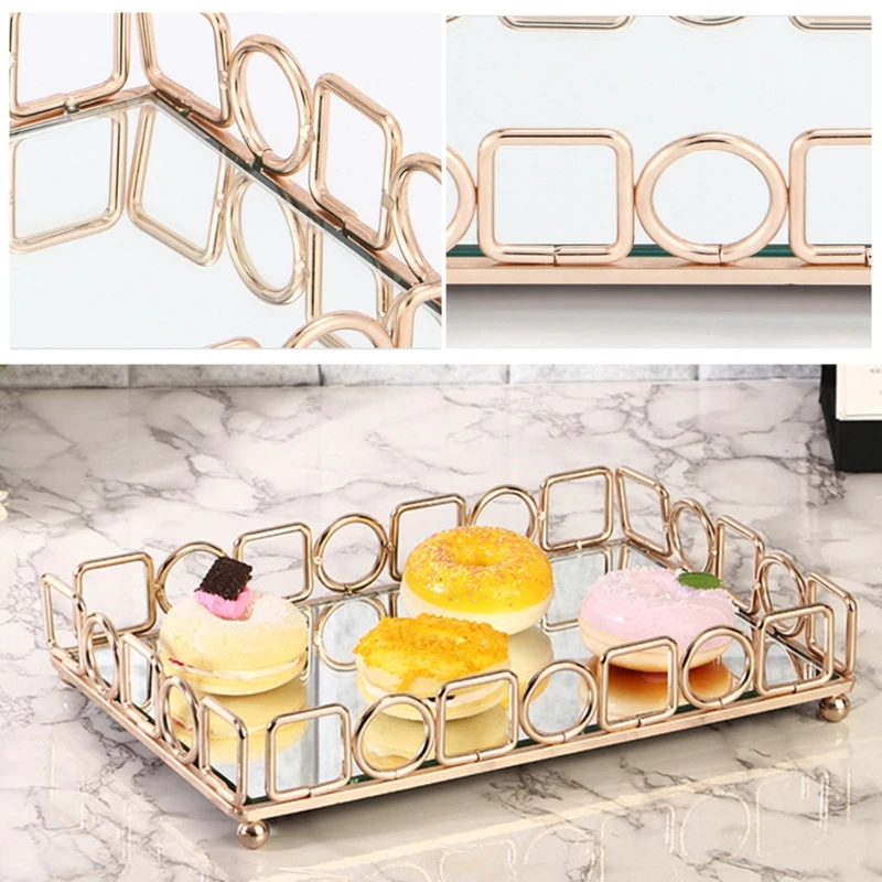 

European Glass Metal Kitchen Storage Tray Rectangle Fruit Plate Perfume Jewelry Display Serving Tray Makeup Organizer