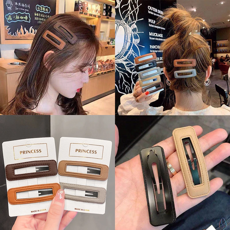 

Fashion Women Girls PU Temperament Hair Clip Candy Color BB Hairpins Sweet Barrettes Geometric Hairgrips Hair Accessories