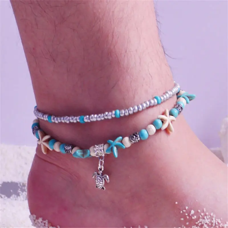 

2-layer Bracelet Bohemian Ankle Bracelet Adjustable chain foot beach Bracelet shell rice beads starfish retro chain