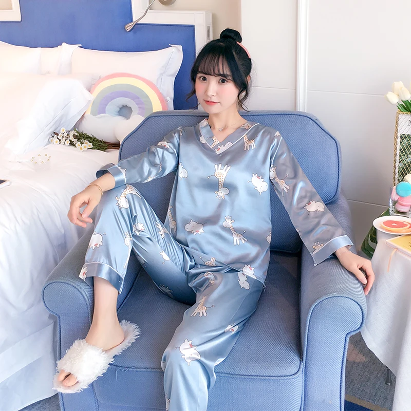 Осенняя Шелковая пижама с длинным рукавом для женщин pijama mujer, милый пижамный комплект с мультяшным принтом, домашняя одежда, длинные штаны, сексуальные пижамы
