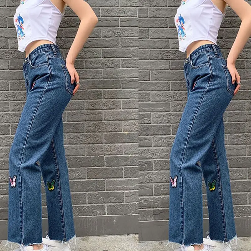 

Women Casual Loose Baggy Jeans High Waist Butterfly Embroidered Wide Leg Straight Pants Denim Blue Frayed Hem Trousers