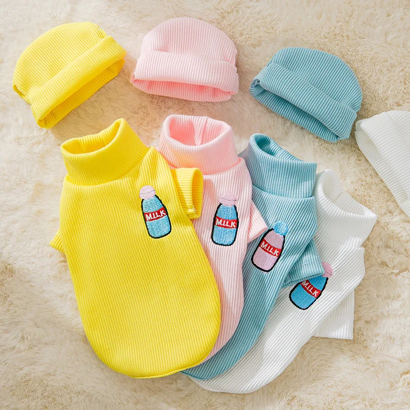 

Pet Clothes For Small Dog Cat Autumn and winter bottle embroidered bottomed solid shirt with hat suit cat and dog clothes