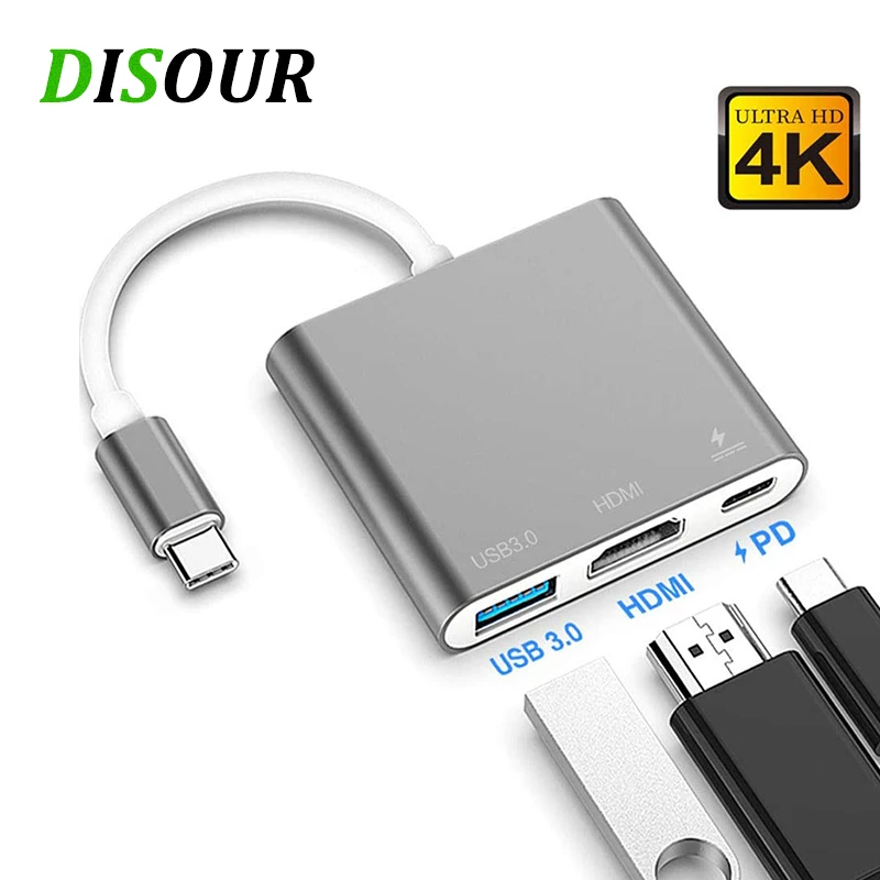 

DISOUR Type-C To HDMI-compatible 3 In 1 Expansion dock HUB With USB 3.0 Port And USB-C Charging Port For Xiaomi Macbook etc
