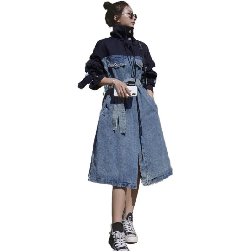 

2020 New Trench Coat For Women Blue Long Sleeve Female Velvet-paneled Jacket-Menteaux Femme