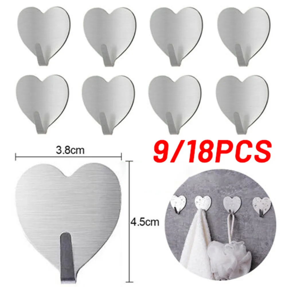

9pcs /18 Pcs Hooks Adhesive Heart Hooks Stainless Steel Strong Sticky Stick On Wall Door For Bathroom Door Wall