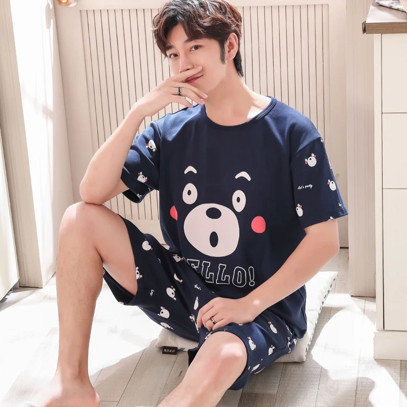 Yidanna Мужские пижамные комплекты с короткими рукавами, Мужская одежда для сна, одежда для сна, большие размеры, хлопковая ночная рубашка, летние штаны+ рубашка - Цвет: XZ1911D