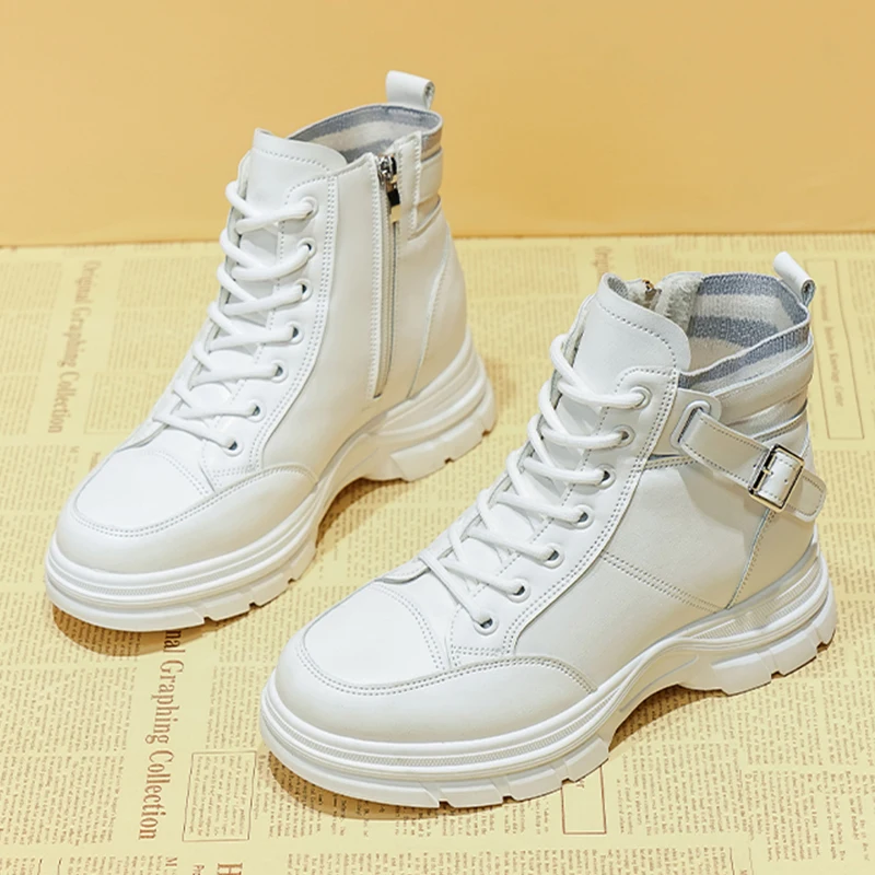 

Women White Leather Ankle Boots 2021 Winter Black High Platform Gothic Shoes Women Warm Fur Short Punk Motorcycle Combat Boots