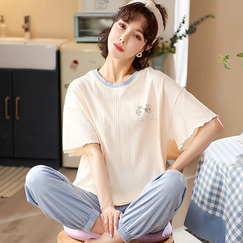 

Soft Pajama Set Cotton Pjs for Women's Pyjama Short Sleeve Casual Sleepwear Nightwear Comfortable Solid Color Loungewear Cloth