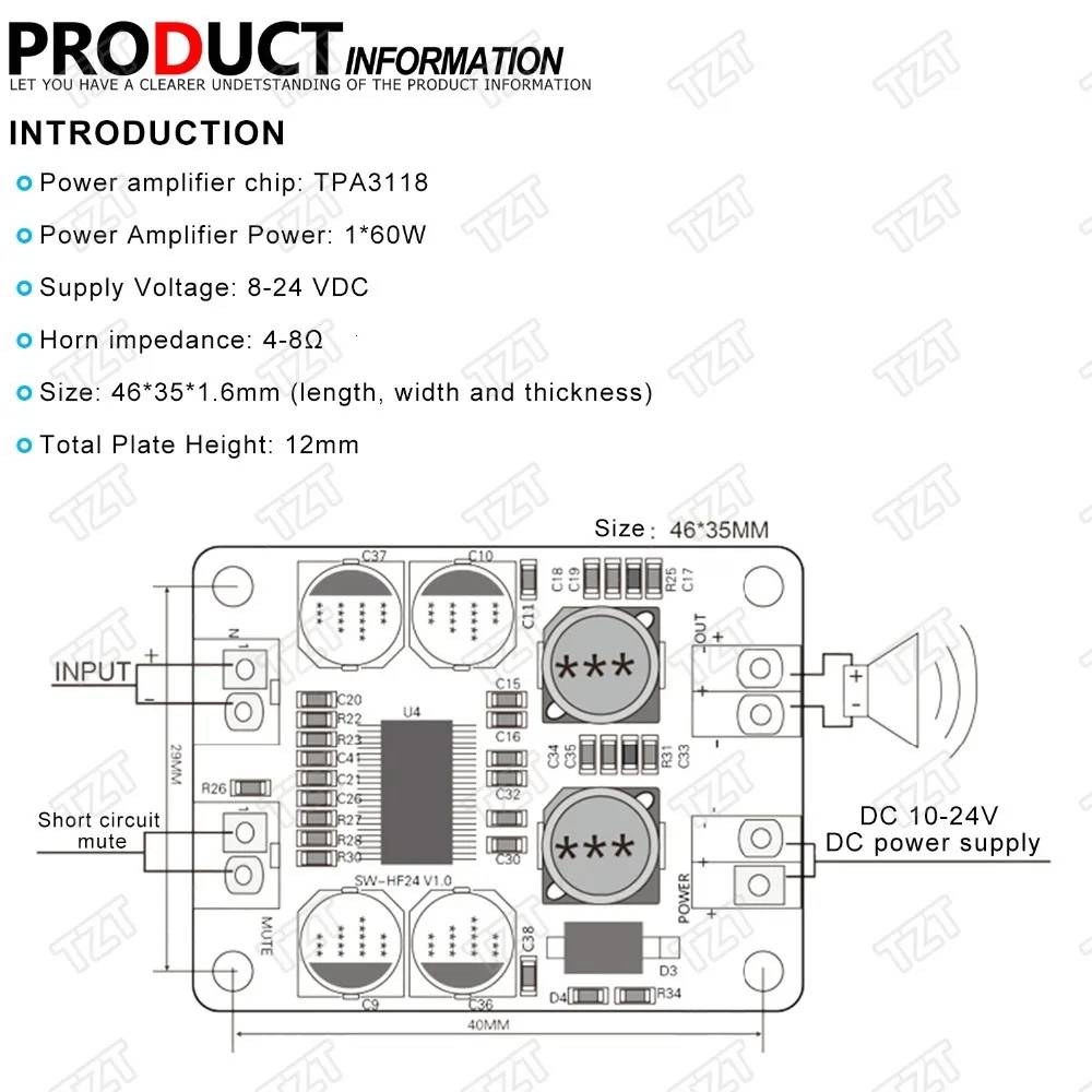 1 шт. Шэньян DC 12 V-24 V TPA3118 60 Вт подойдет как для повседневной носки, так цифровой аудио Мощность Плата усилителя модуль усилителя