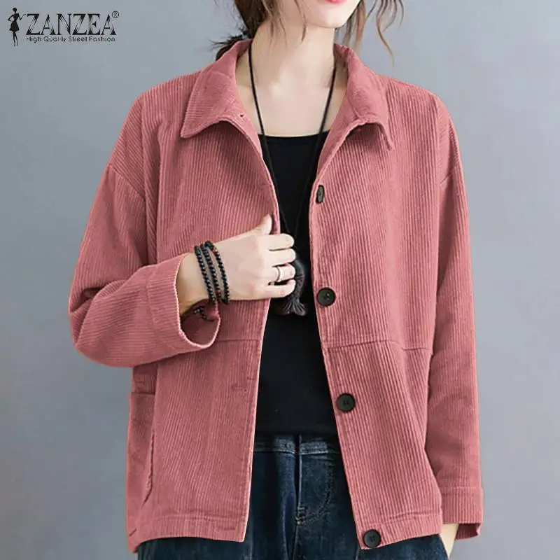 Vintage Women Corduroy Coats ZANZEA Long Sleeve Turn Down Collar Jackets Loose Retro Long Coat Jackets Outerwear Oversized Coats