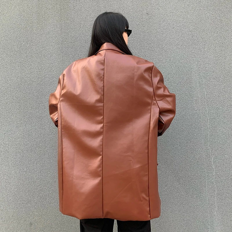 

[DEAT] Leather v-neck collar coat women single breasted solid medium length casual style new fashion tide 2021 spring GD1117