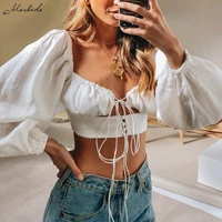 macheda french romance white crop tops women autumn sexy hollow out long sleeve v neck top ladies casual solid blouses new