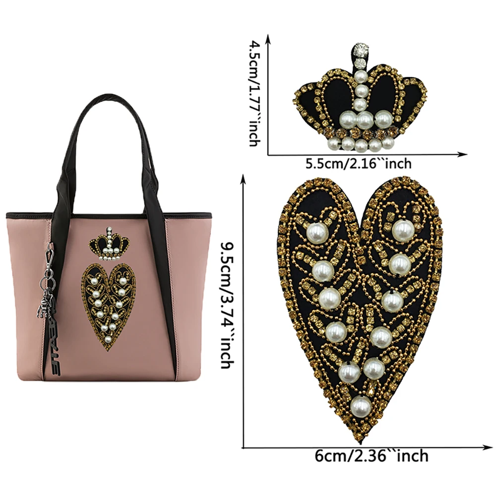 

Fashion Golden Handmade 3D Crown Heart Pearl Rhinestone Beaded Patches for Clothing DIY Embroidery Patch Appliques Decorative