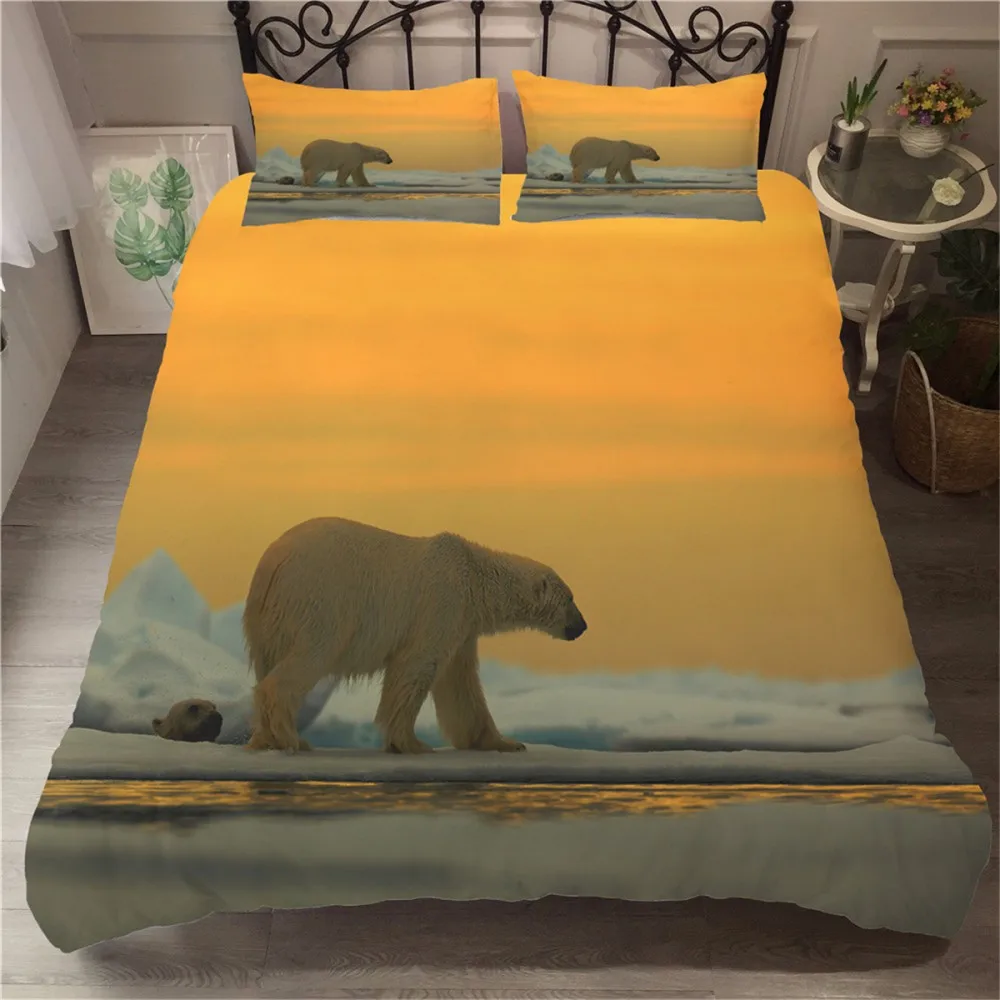 Animals Bedding Set Polar Bear Duvet Cover Gold Sunset Bedspread Soft Comforter with Pillowcase 2/3Pcs for Kids | Дом и сад