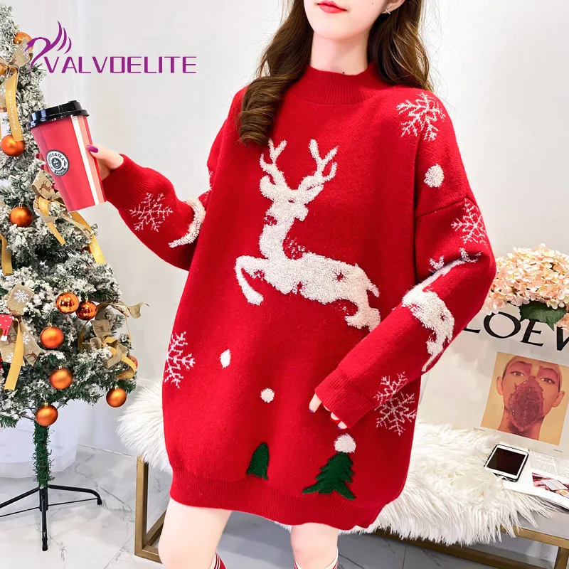

Новинка 2021, женский свитер с круглым вырезом, зимний бархатный теплый вязаный пуловер, топ с рождественским принтом, Модный Универсальный с...