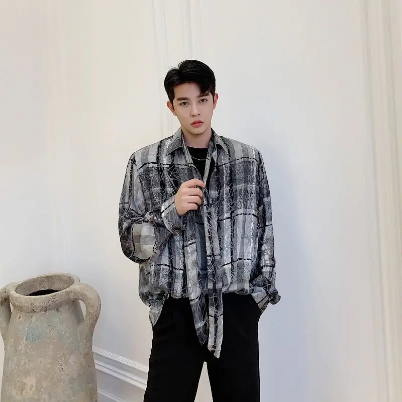 

Men's long-sleeved shirt 2020 spring and summer new temperament retro plaid printed shirt youth personality trend men's clothing