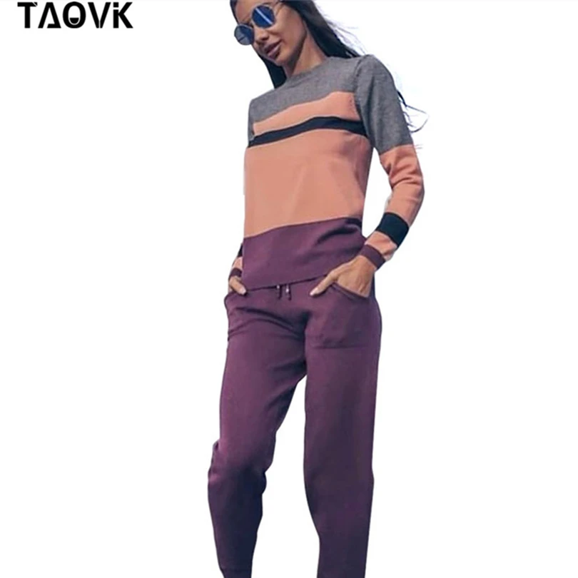 Purple TAOVK, удобный женский свитер, костюмы, вязаный спортивный костюм, многоцветные, с вырезами и шитьем, джемпер, пуловеры+ штаны, комплект из двух предметов, наряды - Цвет: Purple