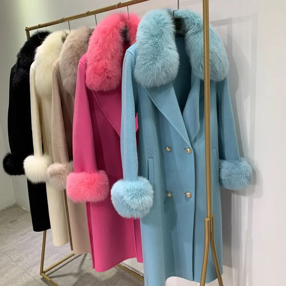 2019 Natural Fox Fur Collar Wool double-faced coat Warm Cashmere outerwear Winter Thick Jacket Slim Belt Ladies Streetwear | Женская