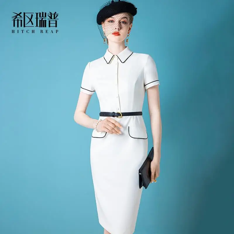 

High End French Celebrity White Sexy Maxi Party Dress Elegant Women's Summer 2021 New Lapel Professional Slim Vestido Dresses