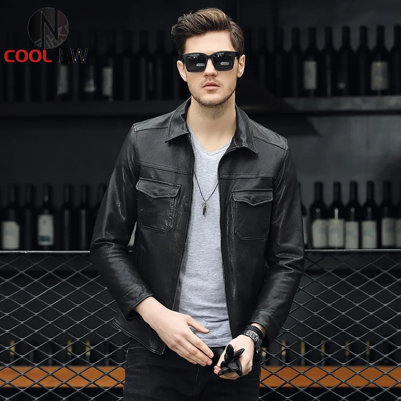 

Sheepskin Vintage Motorcycle Jackets Men Genuine Leather Fashion Zipper Black Slim Real Leather Coats Plus Size 4XL Male Jacket