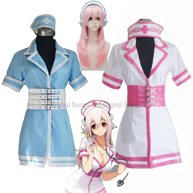 

2020 Super Sonico SONICOMI Nurse Uniform Cosplay Costume Outfit Supersonico 60cm Long Pink Ombre Hair Heat Resistant Cosplay Wig