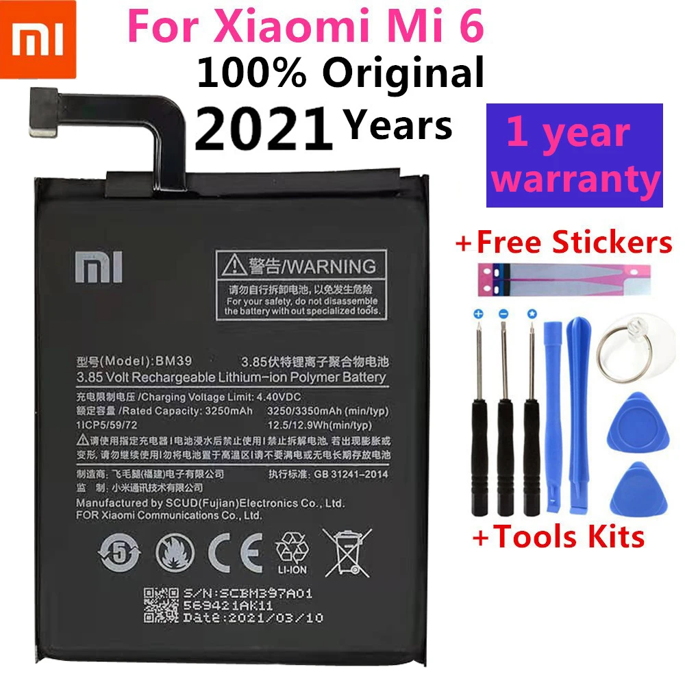 

Xiao Mi Original Phone Battery BM39 For Xiaomi Mi 6 Mi6 3250mAh High Capacity Replacement Battery Free Tools Retail Package