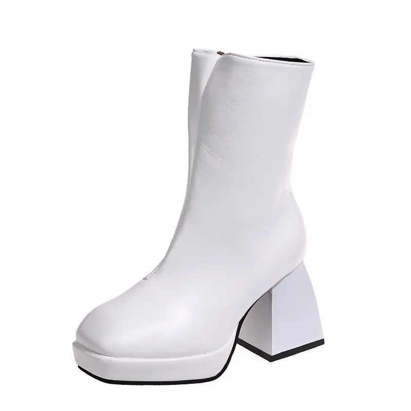 

2021 New Spring And Autumn Bright Leather High-heeled Square Heel Round Opposite Side Zipper Mid-tube Women's Boots