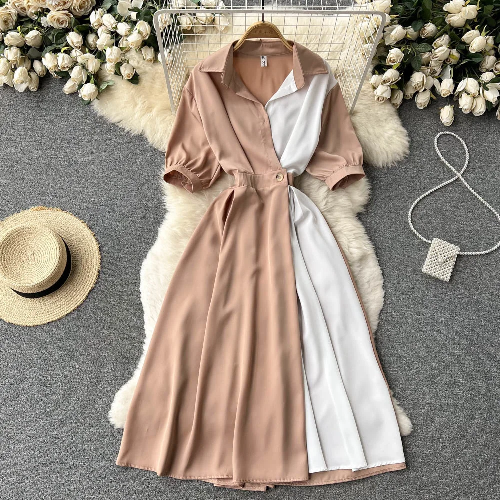 

Elegant Color Match Women Dress Korean Summer Long Shirt Dress Turn down Collar Short Sleeve Elastic Waist A-line Female Dresses
