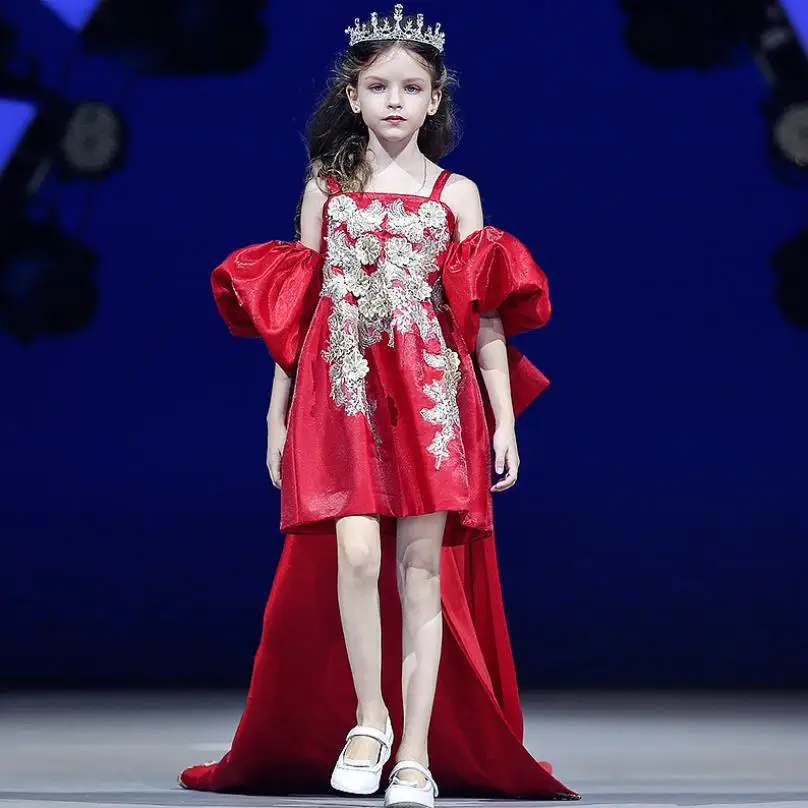 Children Girls Dress Lace Stitching High-end Birthday Party Trailing Evening Gown Catwalk Piano Prom Red Dress for girls L54
